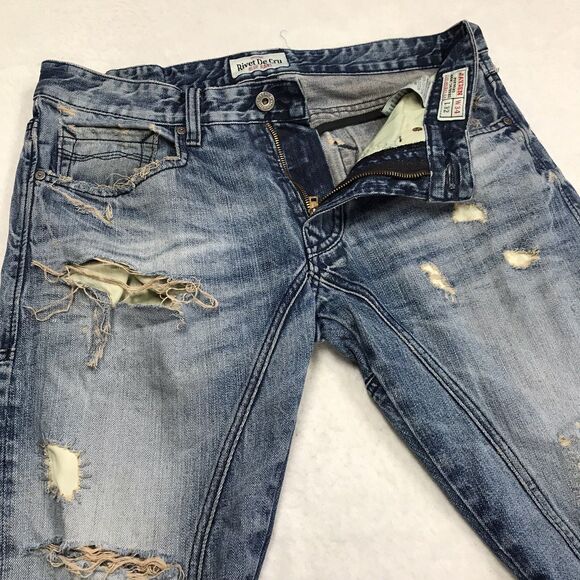 RIVET DE CRU Jayden Jean Men 34x32 Destroyed Distressed Rip Repair Denim Blue - Picture 4 of 16